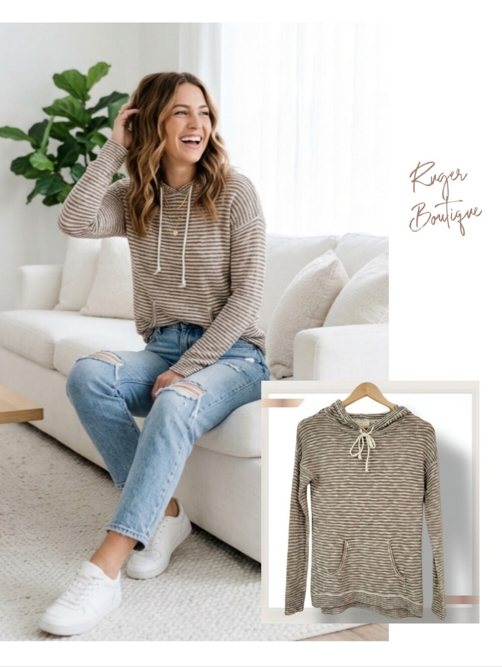 🌿Pink Rose Woman XS Tan Cream Striped Knit Hoodie